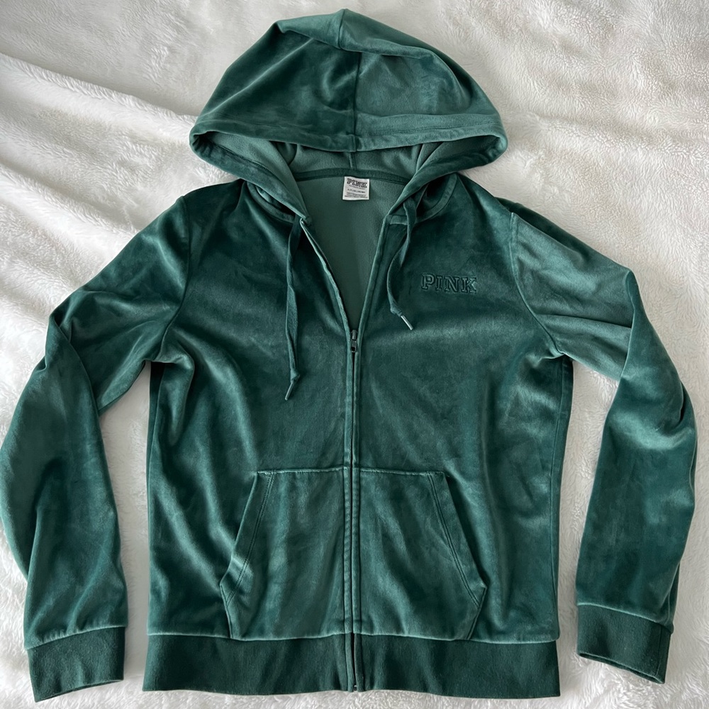 PINK Everyday Lounge Velour Perfect Full Zip Sweatshirt Green